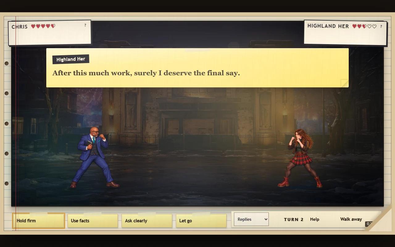 A 24-bit battle in front of the Empress on a snowy night: both sides’ hearts at the top, Highland Her’s line on yellow paper, and the four replies below